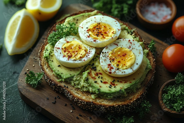 Fototapeta Toast with mashed avocado, topped with sliced boiled eggs, paprika, sesame seeds, and herbs, served on a wooden board with lemon and tomatoes nearby.