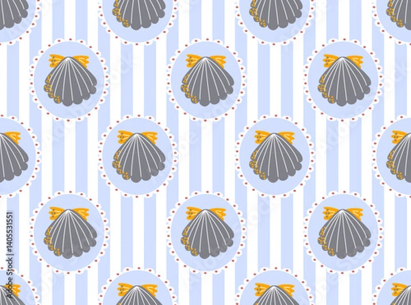 Obraz Seamless pattern with dark seashells in oval frames on light blue striped background. Cute and simple marine design. Perfect for fabric, wrapping, or kids decor