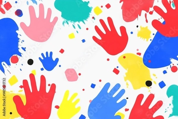 Fototapeta  Colorful handprint stamps of children scattered across a neutral background, perfect for playful and creative themes