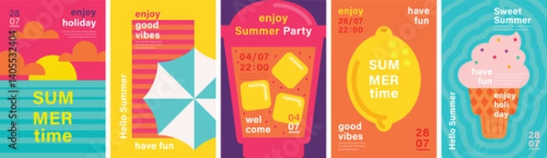 Fototapeta Summer card set. Posters and prints for your design. Hello Summer, summer time, food, drinks, ice cream, beach, fruits and other elements. Vector illustration. 