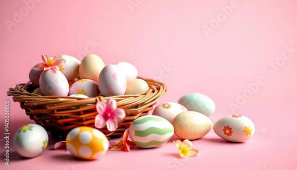 Fototapeta Pastel Easter eggs with patterns spilling from basket on pink background