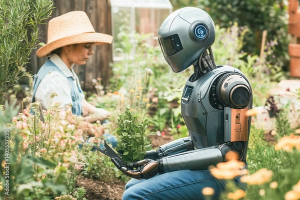 Fototapeta Female Gardener and Humanoid Robot Working Together to Trim Flowers in a Lush Garden