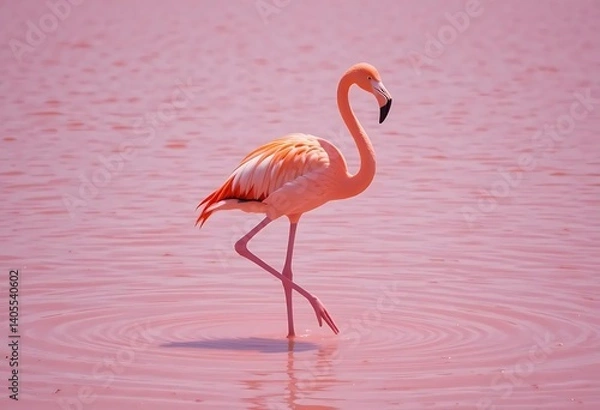 Fototapeta Pink Flamingo in Serene Pink Lagoon: A Pastel Dream