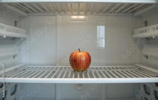 Fototapeta Fridge with a single apple surrounded by empty shelves showing Food Insecurity, inside of an empty fridge with a single apple

