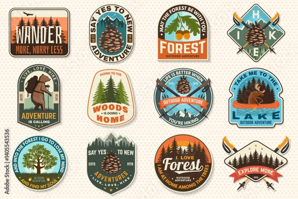 Obraz Set of hiking patch design with inspirational adventure quotes. Concept with pin forest, hiker, hiking boots, moose, bear and mountain. Vector illustration.