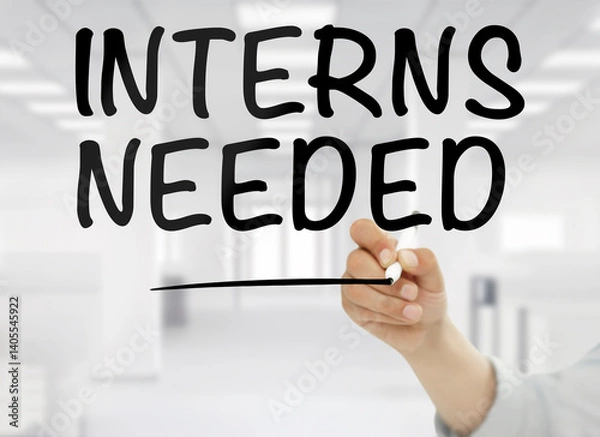 Fototapeta Businessman writing "Interns needed" text on transparent wipe board in an office	
