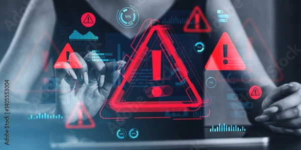 Fototapeta Cybersecurity warning concept with red alert icons and data graphics on transparent futuristic screen interface over digital background.