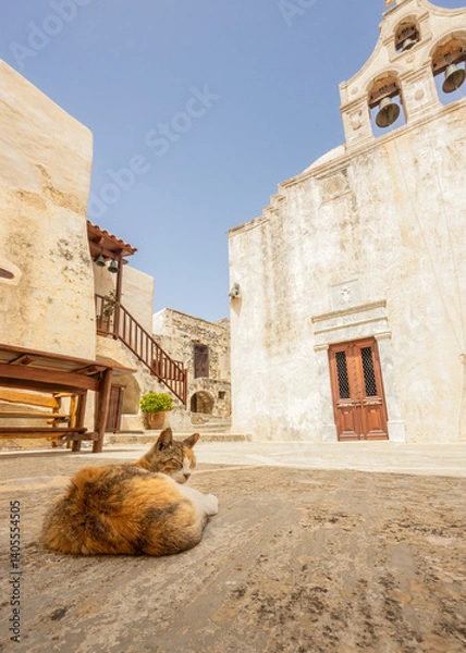 Fototapeta Cat in foreground of Church at Monastery of St. John the Theologian, known as Monastery of Preveli (rebuilt in 1878). Crete, Greece.