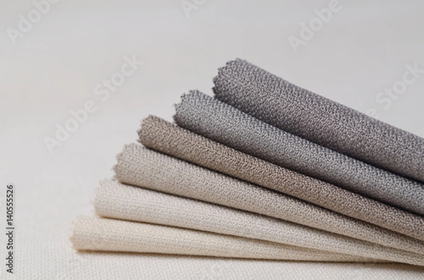 Fototapeta Bright collection of gunny textile samples. Multicolor Fabric texture background.