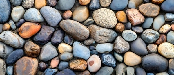 Fototapeta Close-up of smooth river stones in various shades of blue gray and tan.