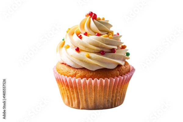 Fototapeta Delicious vanilla cupcake with smooth whipped frosting and bright edible sprinkles, ideal for parties and desserts