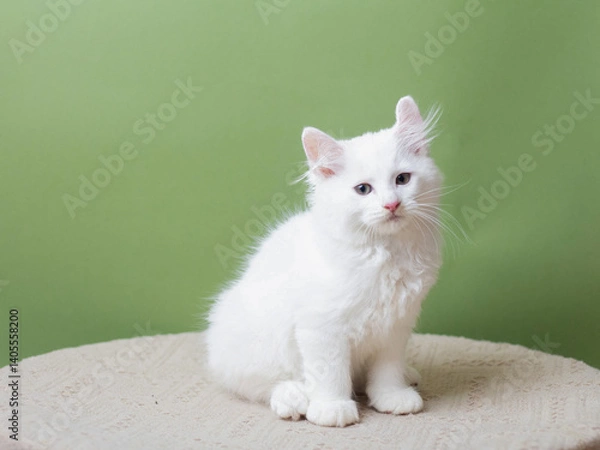Fototapeta Little white kitten isolated on a green background.