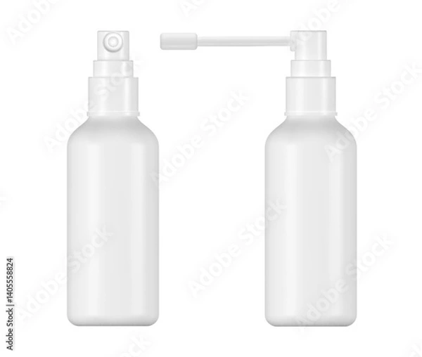 Fototapeta Throat spray 3d bottle with pump and nozzle, nasal container mockup, blank packaging template for cosmetic, medical dispenser, or cleaning solution on white background.