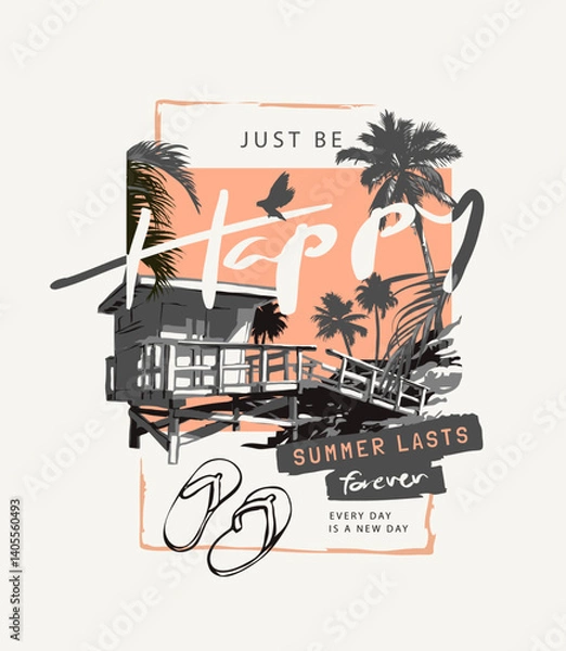 Obraz happy calligraphy slogan with beach hut and palm tree graphic vector illustration created by hand drawn