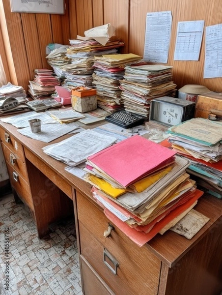 Fototapeta A cluttered desk shows stacks of files, forms & financial statements needing attention - to-do files overwhelm disorderly messy