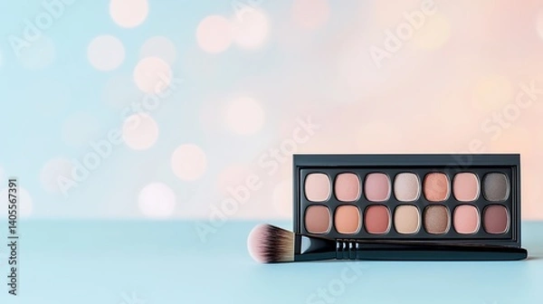 Obraz Makeup palette with earthy tones and a brush against a soft, blurred bokeh background