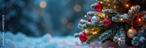 Fototapeta Snowy Christmas tree with ornaments and lights, twinkling lights, holiday decor, christmas tree