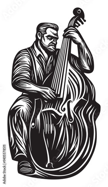 Fototapeta Elegant Engraving of a Musician Playing Double Bass Instrument