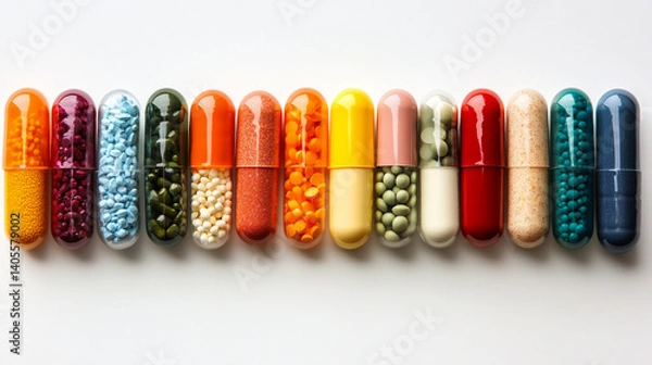 Fototapeta An organized, high-resolution image of colorful capsules and pills grouped by color and type on a white background.