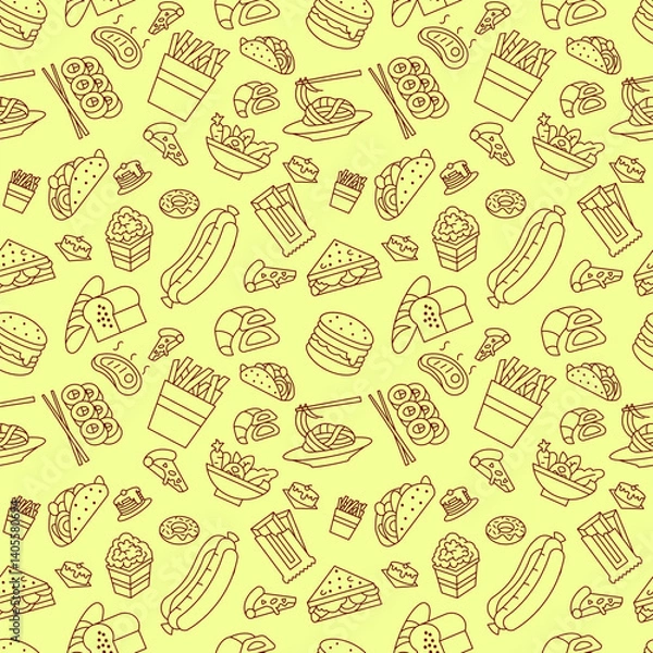 Fototapeta Seamless pattern of various fast food illustrations in black line art on a yellow background. Modern look suits casual food themes. Ideal for packaging, wrapping paper, or restaurant decorations.