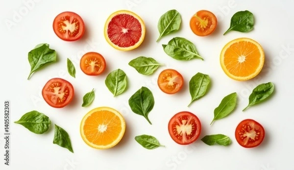 Obraz Fresh Citrus Fruits and Tomatoes with Green Spinach Leaves Arrangement