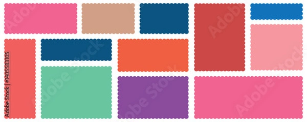 Fototapeta Set of multicolored vertical, rectangular frames with scallop edges set. Silhouette rectangular text boxes with curved borders and Decorative elements for Stickers, Posters, Chevron, Labels. Vector
