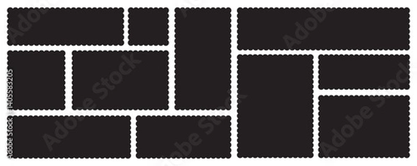 Fototapeta Set of frame shapes with scallop and zigzag edges. Zig Zag Edge Geometric Borders Tag Boxes. Wiggle Line Design Sign Background. Silhouette rectangular text boxes with curved borders.