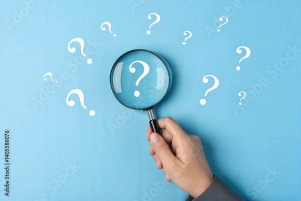 Fototapeta magnifying glass, question mark, blue background, curiosity, investigation, search, mystery, inquiry, hand holding magnifier, multiple question marks, minimalist design, conceptual image