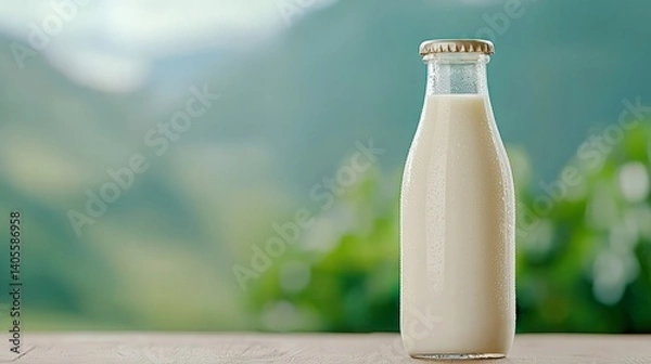 Fototapeta Pasteurized milk pure. A glass bottle of fresh milk stands on a wooden surface, with a blurred green background suggesting a natural, rustic setting.