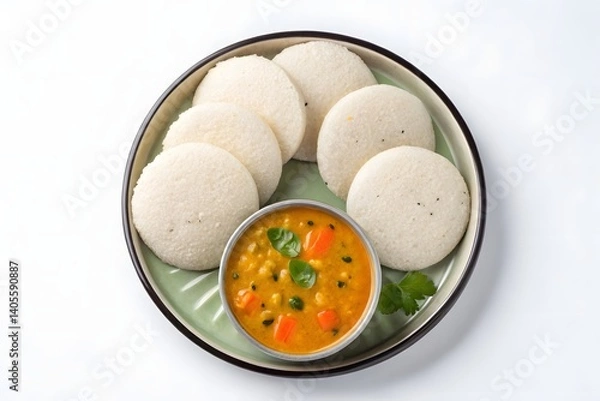 Obraz Top view of traditional South Indian breakfast showing soft steamed idlis arranged in a round plate with a bowl of flavorful vegetable sambar. 