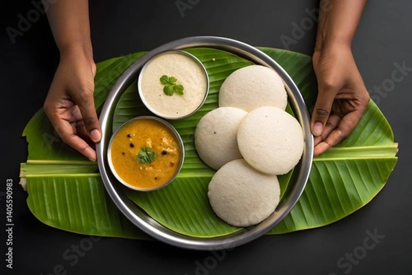 Obraz Authentic South Indian breakfast featuring soft steamed idlis served with flavorful sambar and coconut chutney in a stainless steel plate placed on a fresh banana leaf. 