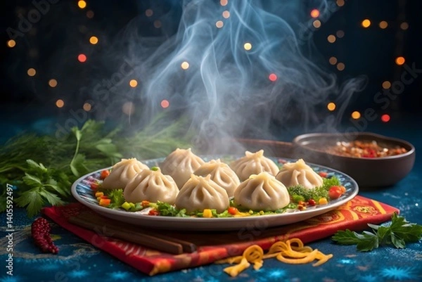 Obraz A beautifully arranged plate of traditional steamed momos served with spicy chutney on a festive blue background. Steam rises from the freshly prepared dumplings, surrounded by herbs and spices.