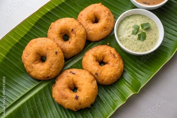 Obraz Traditional South Indian breakfast featuring crispy Medu Vada served on a banana leaf with flavorful sambar and creamy coconut chutney, presented in a rustic and authentic Indian style.

