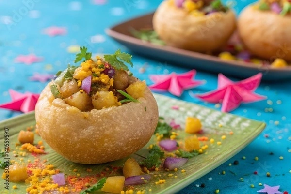 Obraz pani puri filled with aaloo masala served in a tray , selective focus
















































































