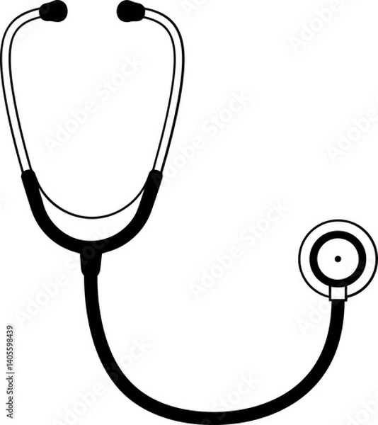 Obraz Auscultation Device Silhouette: A striking black and white illustration of a stethoscope, symbolizing healthcare and medical examination. A vital tool of modern medicine.