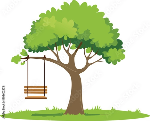 Fototapeta Tree with Wooden Swing Hanging from Branch Vector Isolated, Whimsical Childhood Memory, Rustic Backyard Playground, Joyful Nature Illustration