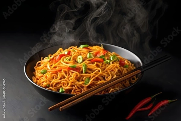 Obraz Delicious spicy chowmein served hot on a plate with a fiery background, showcasing bold flavors and vibrant presentation—perfect for food advertising and menu designs.