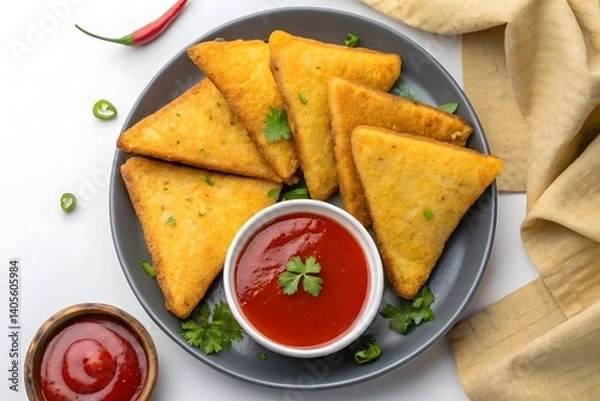Obraz Bread Pakoda, a famous Indian street food, served hot on a plate with chutney and tamarind sauce in a bowl. This deep-fried snack is made with bread slices filled with spiced potato stuffing and
