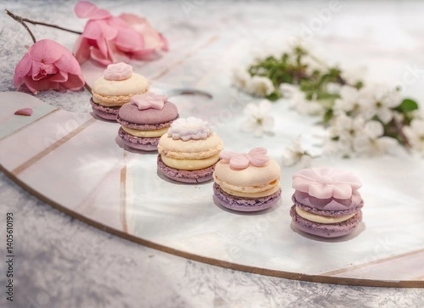 Fototapeta Colorful macarons with intricate floral decorations rest elegantly on a marble platter. Spring blossoms enhance the charm of this delightful dessert arrangement, radiating warmth and sweetness