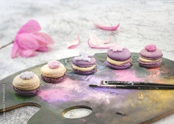 Fototapeta Delicate macarons in varying shades of purple and cream are artistically arranged on a painter's palette, surrounded by petals and a brush, evoking a whimsical culinary masterpiece