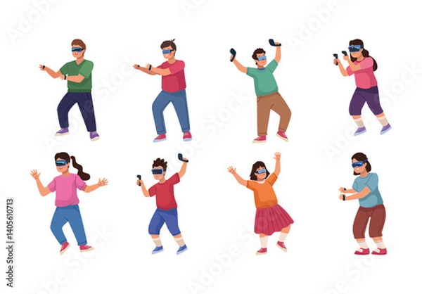 Fototapeta Colorful Active Kids Using VR Headset Illustration