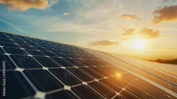 Obraz Solar Panels Capturing Sunlight at Sunset