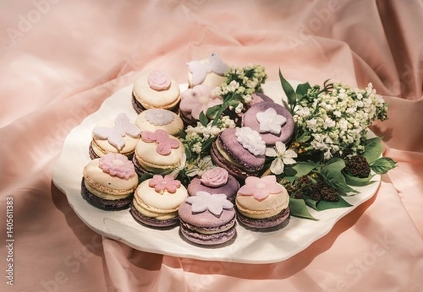 Fototapeta A stunning display of colorful macarons artfully arranged on a delicate white platter, accented by fresh flowers and soft pastel fabric drapes, creating a charming and inviting atmosphere