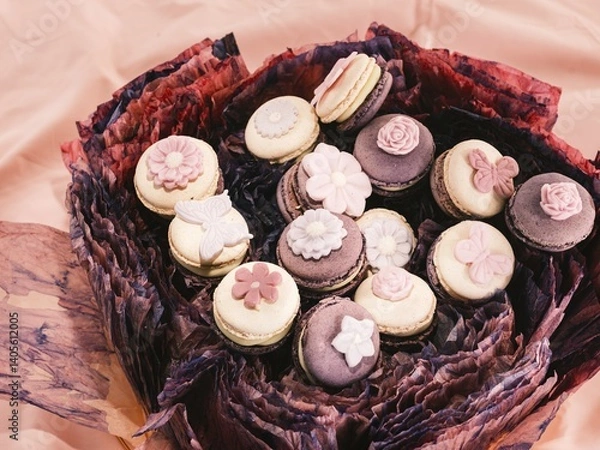 Fototapeta A colorful assortment of macarons adorned with floral designs rests atop elegant petals, showcasing creativity and artistry at a vibrant spring celebration. These sweet treats invite joy and delight