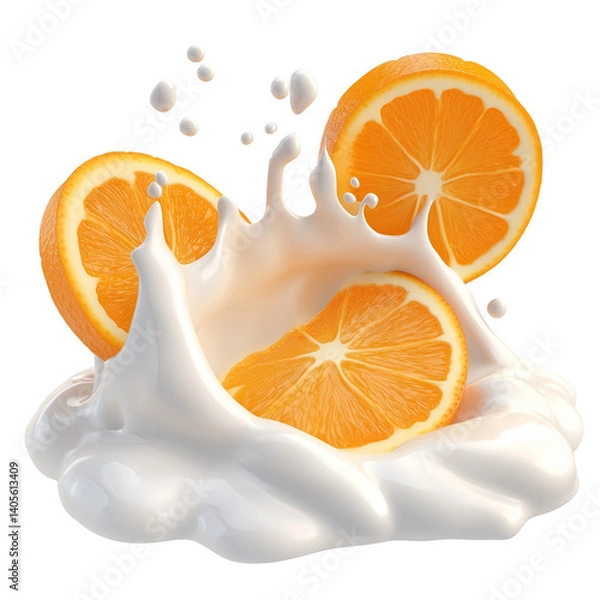 Fototapeta Milk or yogurt splash with orange slices isolated on transparent background, 3d rendering