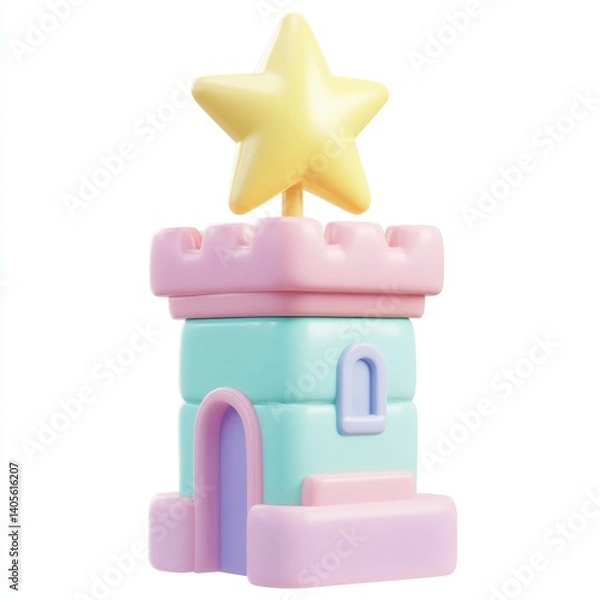 Fototapeta Pastel-colored tower with a star on top.  A whimsical, 3D, cartoonish castle tower in pastel colors