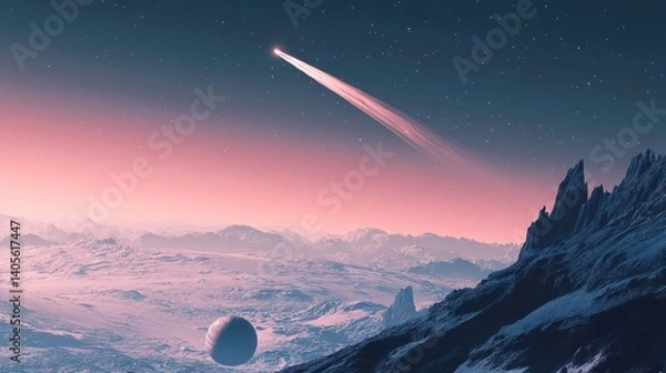 Obraz Celestial Landscape with Comet and Distant Planet