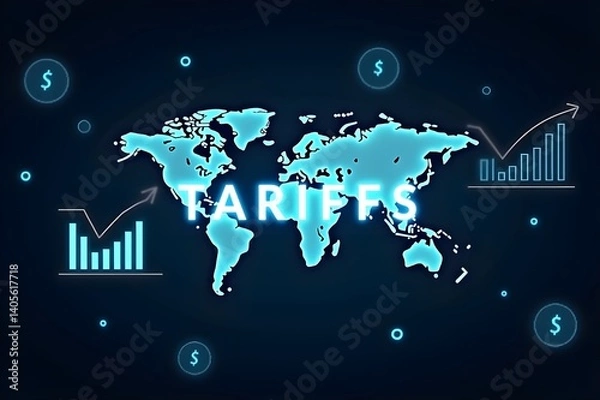 Fototapeta Digital World Map with TARIFFS sign