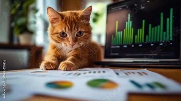 Fototapeta Cat Analyzing Data Charts on a Desk