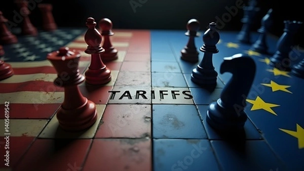 Fototapeta USA vs EU Chessboard with "TARIFFS" Symbolizing Trade Tension